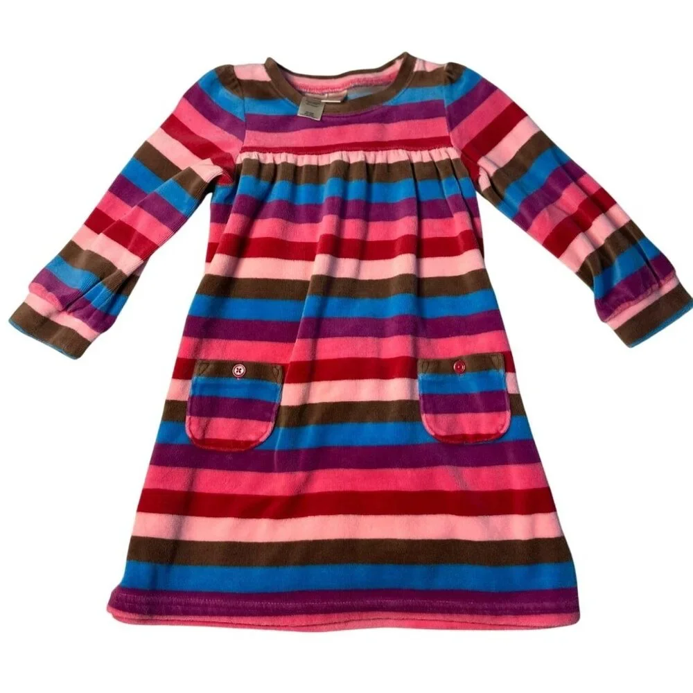 OshKosh‎ B'gosh Velour Dress Pink Striped Pockets Long Sleeve Cozy 24M Girls